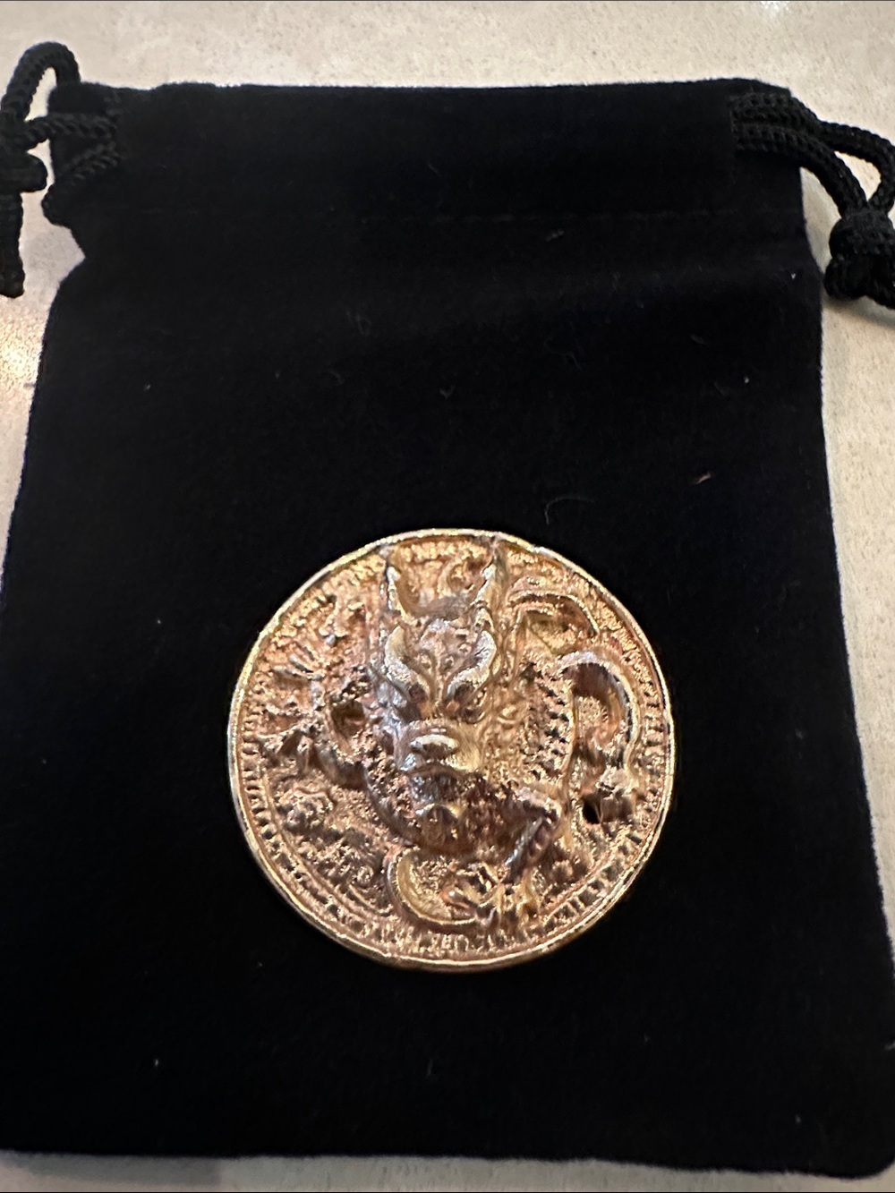 Gold Dragon Medallion on Black Velvet Pouch